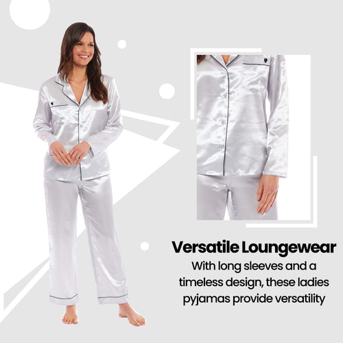 OLIVIA ROCCO Satin Silk Pyjama Set For Women With Dress Shirt Collar And Loose Fitting