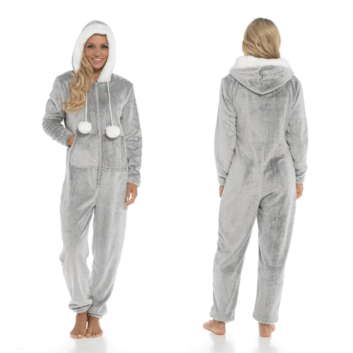 OLIVIA ROCCO Womens Shimmer Fleece Hooded Onesie With Zip Pockets Pompom Detail Easy-Care Hotel-Quality Textile