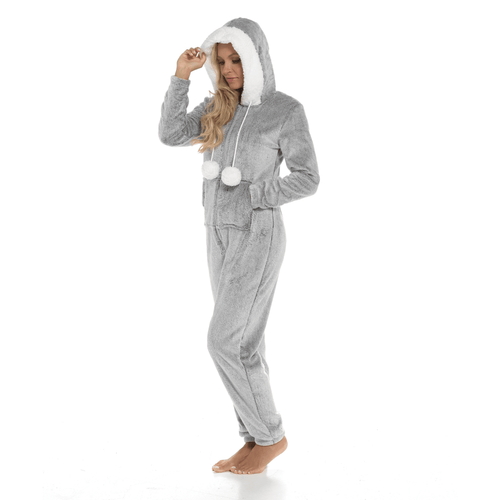 OLIVIA ROCCO Womens Shimmer Fleece Hooded Onesie With Zip Pockets Pompom Detail Easy-Care Hotel-Quality Textile
