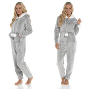 OLIVIA ROCCO Womens Shimmer Fleece Hooded Onesie With Zip Pockets Pompom Detail Easy-Care Hotel-Quality Textile