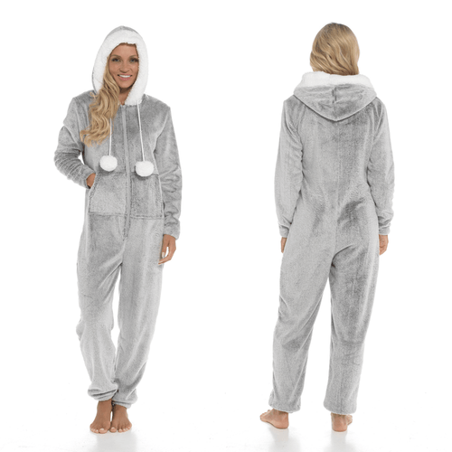 OLIVIA ROCCO Womens Shimmer Fleece Hooded Onesie With Zip Pockets Pompom Detail Easy-Care Hotel-Quality Textile