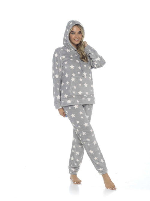 OLIVIA ROCCO Womens Stars Plush Fleece Hooded Pyjama Set Teddy Fabric Nightwear Easy-Care Super Soft Sleep Set