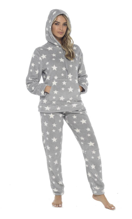 OLIVIA ROCCO Womens Stars Plush Fleece Hooded Pyjama Set Teddy Fabric Nightwear Easy-Care Super Soft Sleep Set