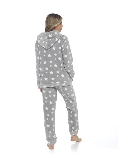 OLIVIA ROCCO Womens Stars Plush Fleece Hooded Pyjama Set Teddy Fabric Nightwear Easy-Care Super Soft Sleep Set