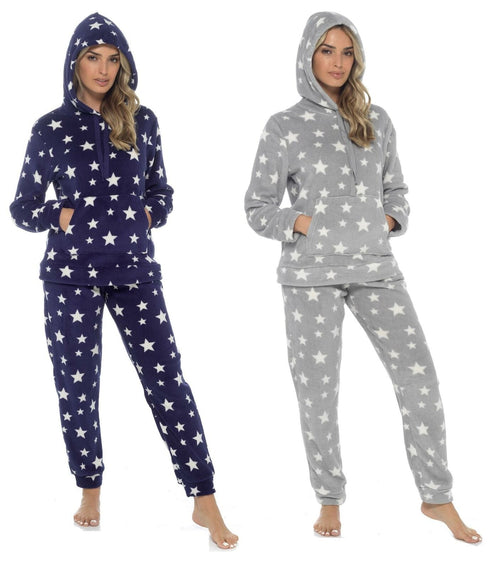 OLIVIA ROCCO Womens Stars Plush Fleece Hooded Pyjama Set Teddy Fabric Nightwear Easy-Care Super Soft Sleep Set