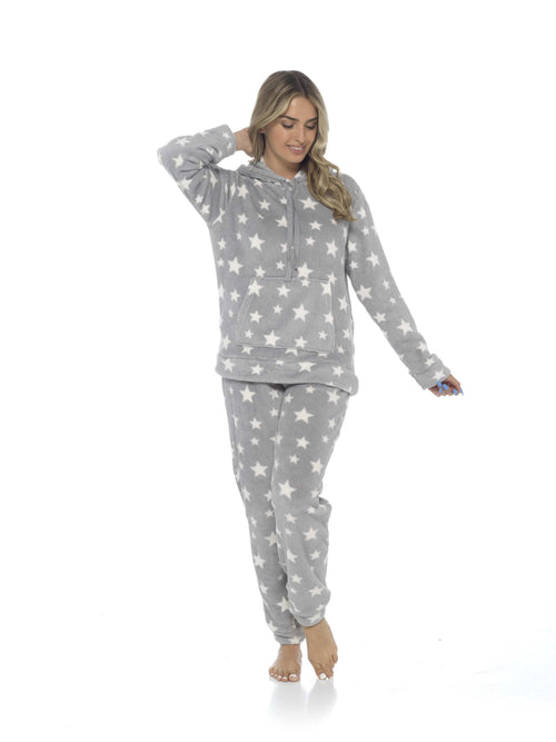 OLIVIA ROCCO Womens Stars Plush Fleece Hooded Pyjama Set Teddy Fabric Nightwear Easy-Care Super Soft Sleep Set