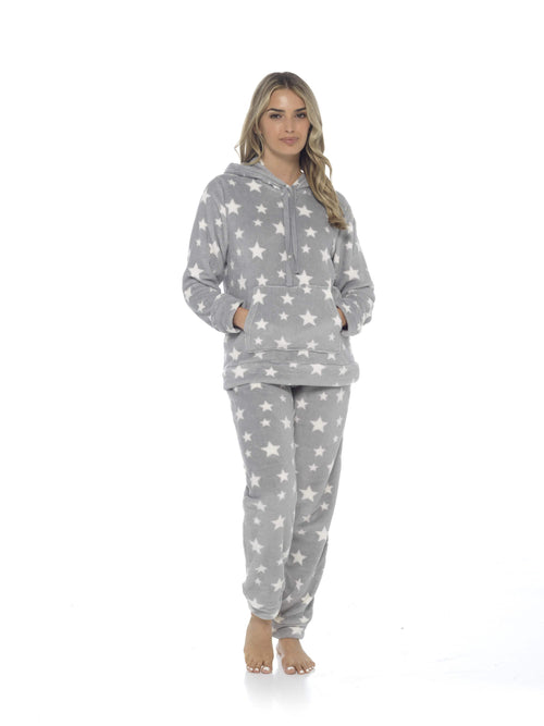 OLIVIA ROCCO Womens Stars Plush Fleece Hooded Pyjama Set Teddy Fabric Nightwear Easy-Care Super Soft Sleep Set