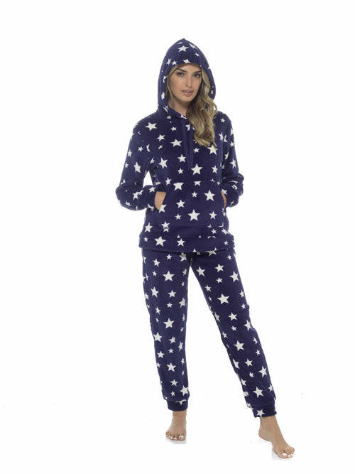 OLIVIA ROCCO Womens Stars Plush Fleece Hooded Pyjama Set Teddy Fabric Nightwear Easy-Care Super Soft Sleep Set