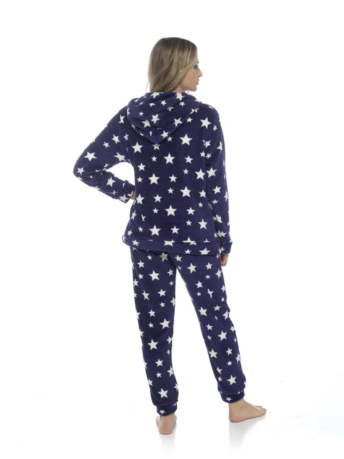 OLIVIA ROCCO Womens Stars Plush Fleece Hooded Pyjama Set Teddy Fabric Nightwear Easy-Care Super Soft Sleep Set