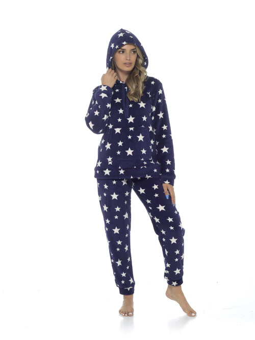 OLIVIA ROCCO Womens Stars Plush Fleece Hooded Pyjama Set Teddy Fabric Nightwear Easy-Care Super Soft Sleep Set