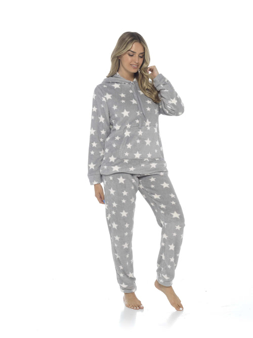 OLIVIA ROCCO Womens Stars Plush Fleece Hooded Pyjama Set Teddy Fabric Nightwear Easy-Care Super Soft Sleep Set