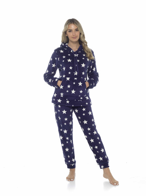 OLIVIA ROCCO Womens Stars Plush Fleece Hooded Pyjama Set Teddy Fabric Nightwear Easy-Care Super Soft Sleep Set