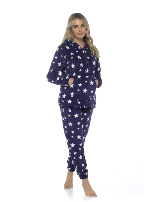 OLIVIA ROCCO Womens Stars Plush Fleece Hooded Pyjama Set Teddy Fabric Nightwear Easy-Care Super Soft Sleep Set