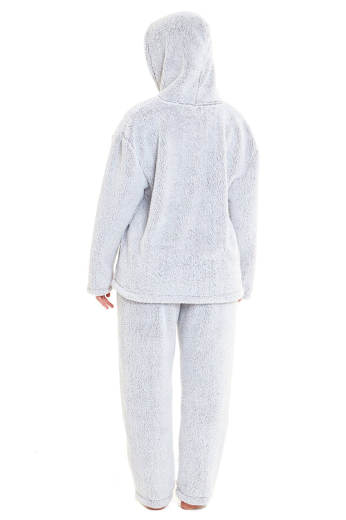 OLIVIA ROCCO Soft Grey Plush Fleece Zipped Hooded Pyjama Set With Zipped Front Super Soft Cosy Home Loungewear