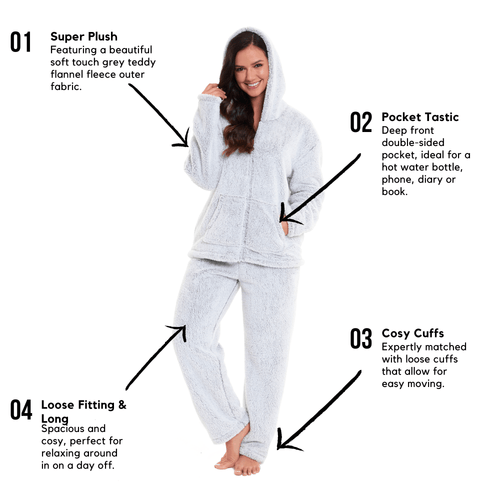 OLIVIA ROCCO Soft Grey Plush Fleece Zipped Hooded Pyjama Set With Zipped Front Super Soft Cosy Home Loungewear
