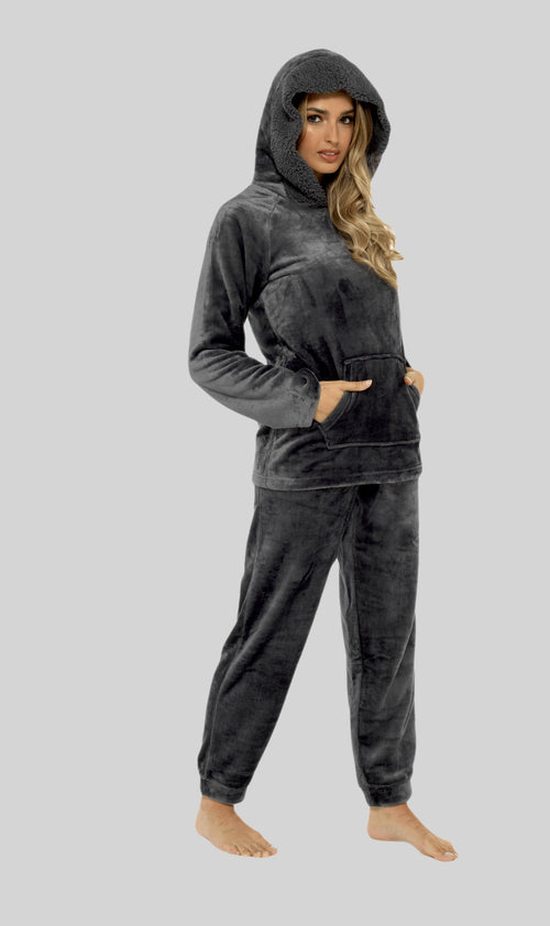 OLIVIA ROCCO Women's Charcoal Plush Fleece Hooded Pyjama Set With Sherpa Lining Super Soft Cosy Home Loungewear