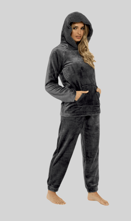 OLIVIA ROCCO Women's Charcoal Plush Fleece Hooded Pyjama Set With Sherpa Lining Super Soft Cosy Home Loungewear