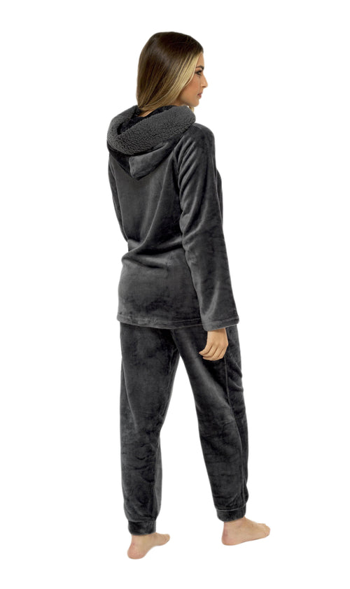 OLIVIA ROCCO Women's Charcoal Plush Fleece Hooded Pyjama Set With Sherpa Lining Super Soft Cosy Home Loungewear