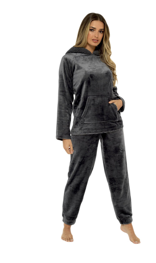 OLIVIA ROCCO Women's Charcoal Plush Fleece Hooded Pyjama Set With Sherpa Lining Super Soft Cosy Home Loungewear