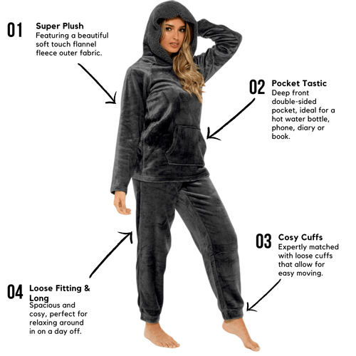 OLIVIA ROCCO Women's Charcoal Plush Fleece Hooded Pyjama Set With Sherpa Lining Super Soft Cosy Home Loungewear