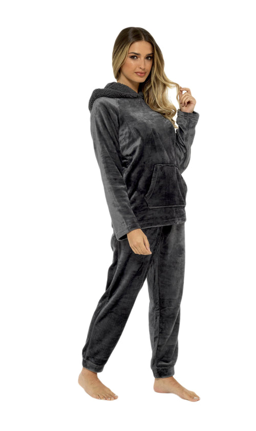 OLIVIA ROCCO Women's Charcoal Plush Fleece Hooded Pyjama Set With Sherpa Lining Super Soft Cosy Home Loungewear