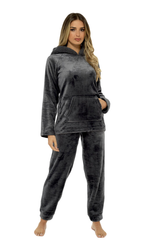 OLIVIA ROCCO Women's Charcoal Plush Fleece Hooded Pyjama Set With Sherpa Lining Super Soft Cosy Home Loungewear