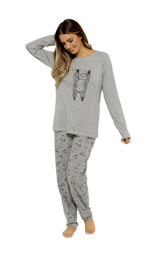 OLIVIA ROCCO Women's Grey Cotton Pyjama Set With Lazy Sloth Design Long Sleeve Sleepwear