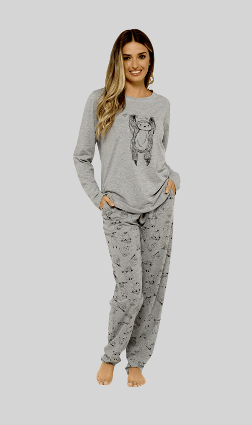 OLIVIA ROCCO Women's Grey Cotton Pyjama Set With Lazy Sloth Design Long Sleeve Sleepwear