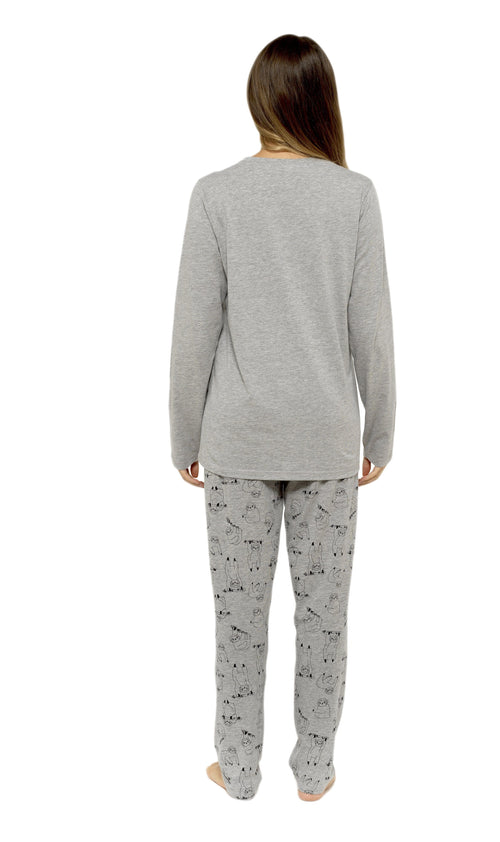 OLIVIA ROCCO Women's Grey Cotton Pyjama Set With Lazy Sloth Design Long Sleeve Sleepwear