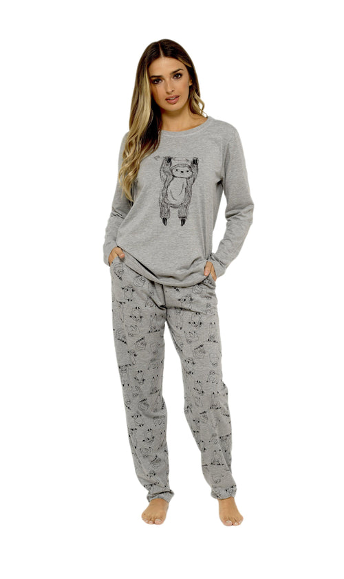OLIVIA ROCCO Women's Grey Cotton Pyjama Set With Lazy Sloth Design Long Sleeve Sleepwear