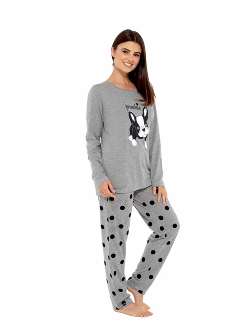 OLIVIA ROCCO Women's Grey Cotton Pyjama Set With Polka Dot Pants And Frenchie Pugs Print