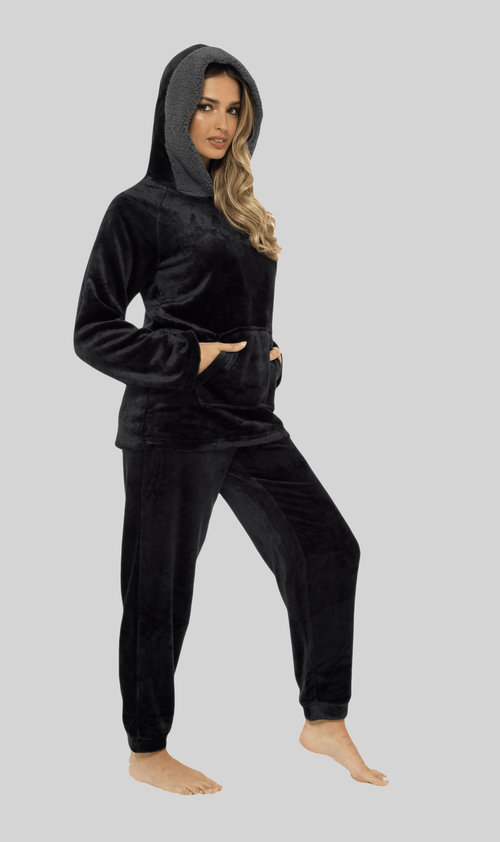 OLIVIA ROCCO Women's Hooded Pyjama Set Black Plush Fleece with Sherpa Lining Ultra Soft