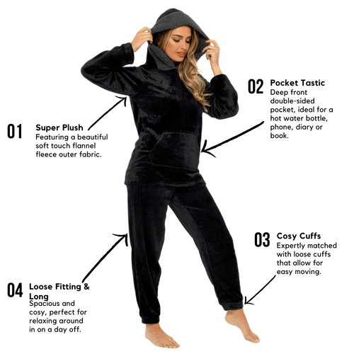 OLIVIA ROCCO Women's Hooded Pyjama Set Black Plush Fleece with Sherpa Lining Ultra Soft