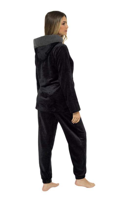OLIVIA ROCCO Women's Hooded Pyjama Set Black Plush Fleece with Sherpa Lining Ultra Soft