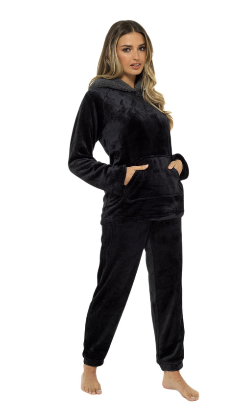 OLIVIA ROCCO Women's Hooded Pyjama Set Black Plush Fleece with Sherpa Lining Ultra Soft