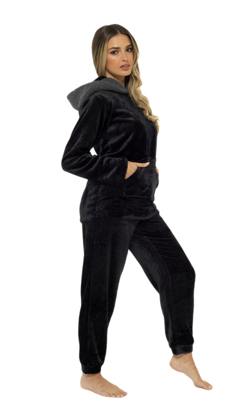OLIVIA ROCCO Women's Hooded Pyjama Set Black Plush Fleece with Sherpa Lining Ultra Soft