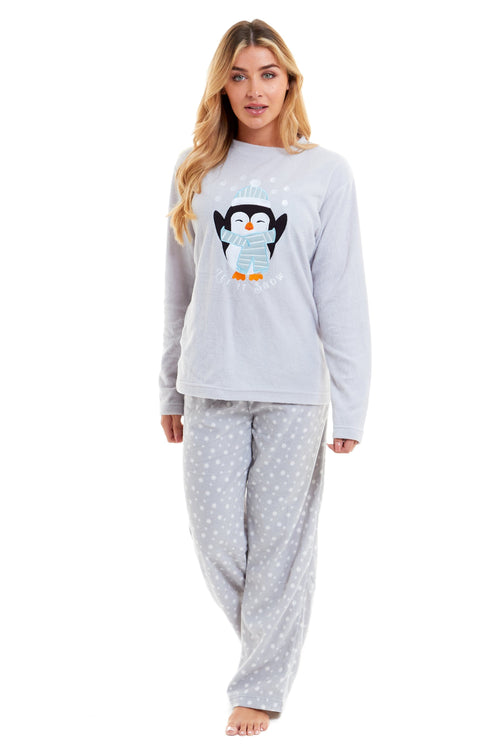 OLIVIA ROCCO Women's Penguin Polar Fleece Pyjama Set Soft Warm Winter Lounge Wear