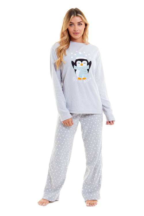 OLIVIA ROCCO Women's Penguin Polar Fleece Pyjama Set Soft Warm Winter Lounge Wear