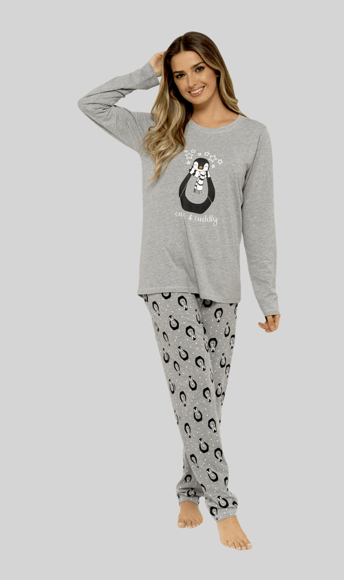 OLIVIA ROCCO Women's Penguin Stars Grey Cotton Pyjama Set Easy-Care Super Soft Sleep Set