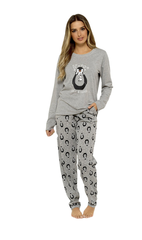 OLIVIA ROCCO Women's Penguin Stars Grey Cotton Pyjama Set Easy-Care Super Soft Sleep Set