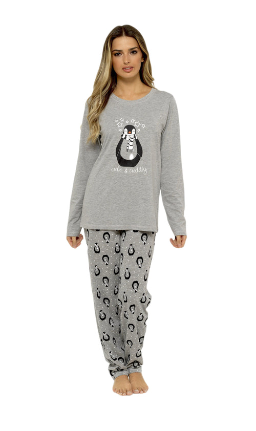 OLIVIA ROCCO Women's Penguin Stars Grey Cotton Pyjama Set Easy-Care Super Soft Sleep Set