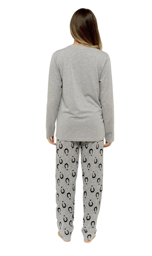 OLIVIA ROCCO Women's Penguin Stars Grey Cotton Pyjama Set Easy-Care Super Soft Sleep Set