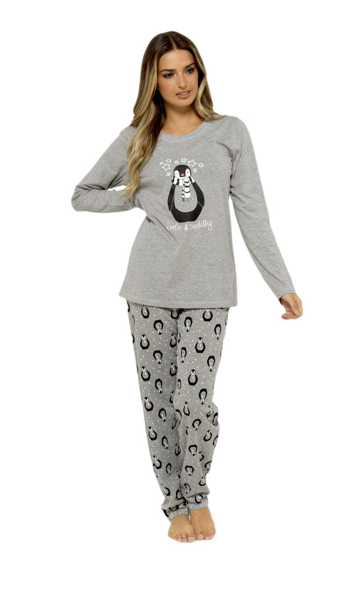 OLIVIA ROCCO Women's Penguin Stars Grey Cotton Pyjama Set Easy-Care Super Soft Sleep Set