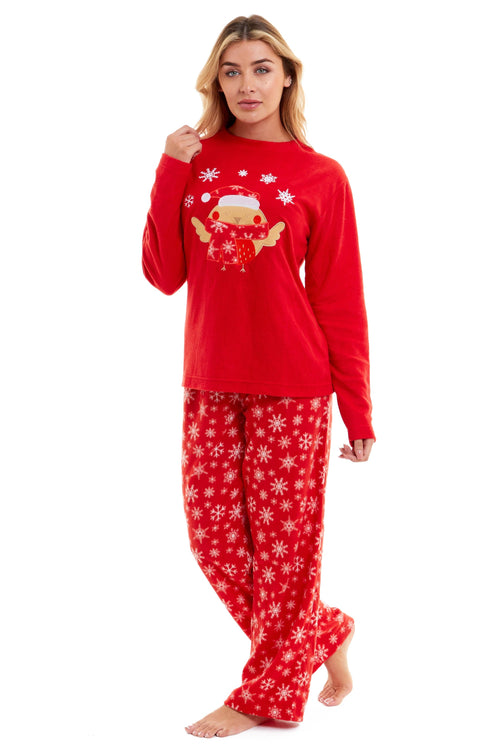 OLIVIA ROCCO Women's Polar Fleece Pyjama Set Festive Robin Design Warm Winter Nightwear
