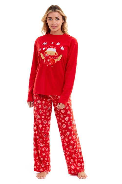 OLIVIA ROCCO Women's Polar Fleece Pyjama Set Festive Robin Design Warm Winter Nightwear