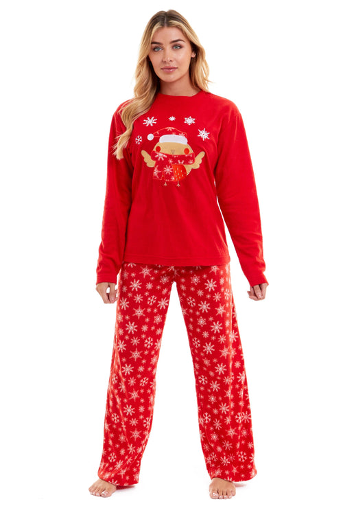 OLIVIA ROCCO Women's Polar Fleece Pyjama Set Festive Robin Design Warm Winter Nightwear