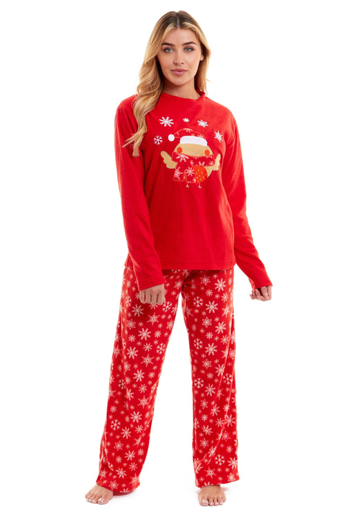 OLIVIA ROCCO Women's Polar Fleece Pyjama Set Festive Robin Design Warm Winter Nightwear