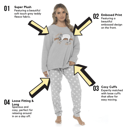 OLIVIA ROCCO Women's Sloth Teddy Fleece Pyjama Set Plush Nightwear Soft Cosy Loungewear