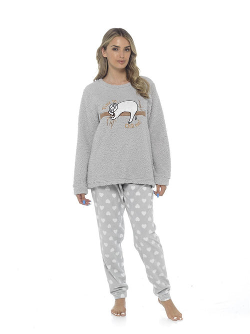 OLIVIA ROCCO Women's Sloth Teddy Fleece Pyjama Set Plush Nightwear Soft Cosy Loungewear