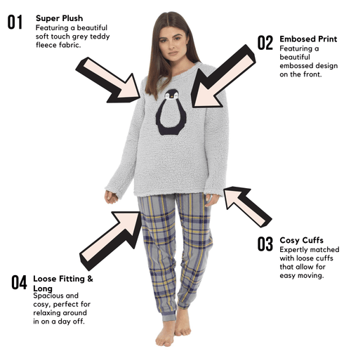 OLIVIA ROCCO Women's Teddy Fleece Pyjama Set Penguin Design Soft Cosy Nightwear Super Soft Cosy Home Loungewear